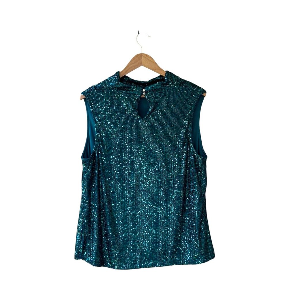 NWT Cable & Gauge Teal Sequin Mock-Neck Top | Sleeveless Blouse | Size M - Picture 5 of 12
